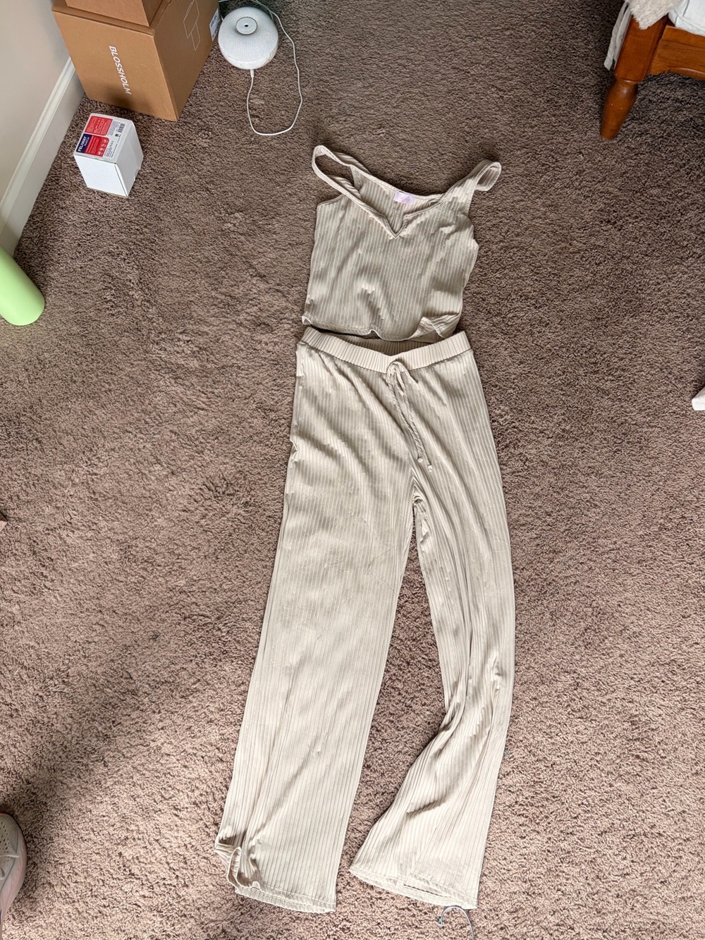 NWOT Pink Lily Beige Ribbed Tank & Pants Set